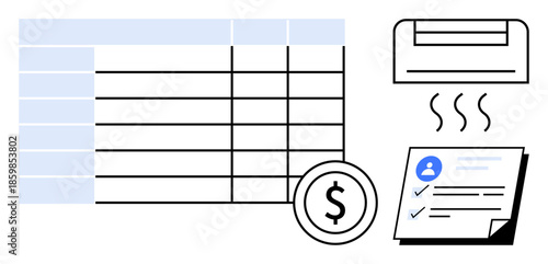 Spreadsheet next to printer emitting freshly printed document with user profile and checklist. Ideal for finance, productivity, organization, accounting, payroll management, data handling
