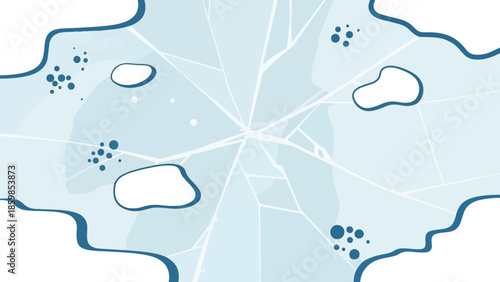 Abstract cracked ice surface with scattered frozen elements and dark blue contours