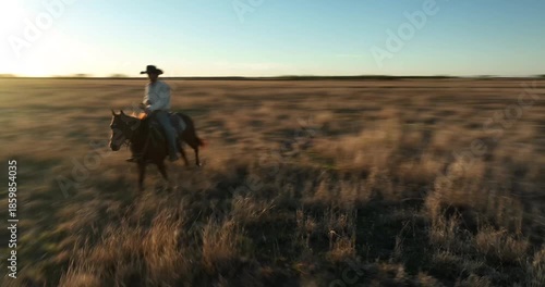Man Wearing Cowboy Hat Riding Running Horse Through Grassy Field in Rural Countryside at Sunset