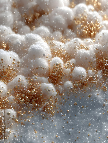 Elegant white and gold winter holiday background with soft snow texture and golden sparkles. Luxury festive abstract scene with copy space, ideal for Christmas, New Year, holiday banners.