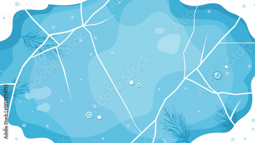 Serene blue winter ice surface vector illustration featuring delicate cracks and subtle frozen pine needles, creating a crisp, abstract, and