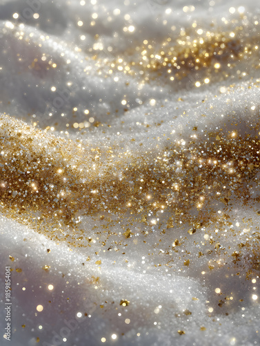 Elegant white and gold winter holiday background with soft snow texture and golden sparkles. Luxury festive abstract scene with copy space, ideal for Christmas, New Year, holiday banners.
