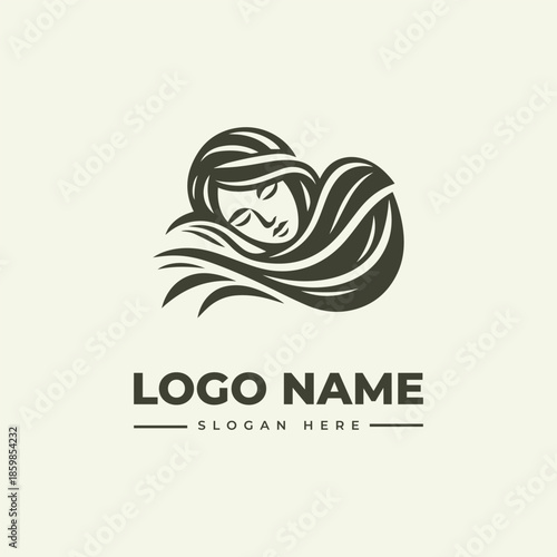A minimalist vector logo featuring a stylized illustration of a woman's face integrated with flowing hair, accompanied by a generic logo name and slogan on a clean background, in a simple