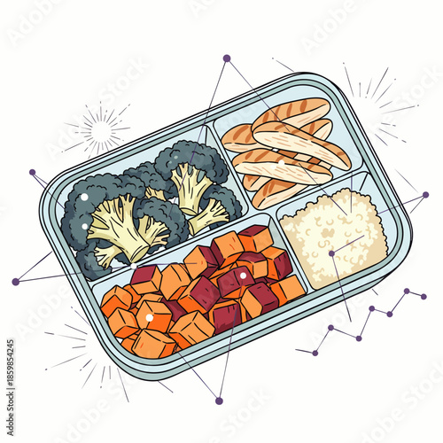 Healthy Lunchbox with Broccoli, Chicken, Sweet Potatoes, and Rice, Balanced Meal for Nutrition and Diet