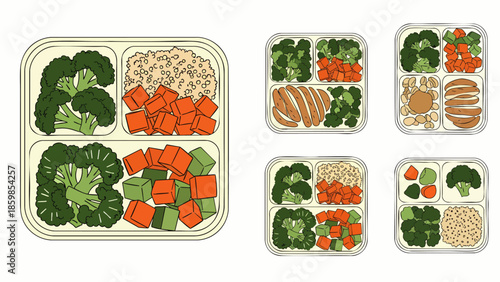 Healthy Meal Prep Containers with Broccoli, Carrots, Rice, and Chicken - Top View
