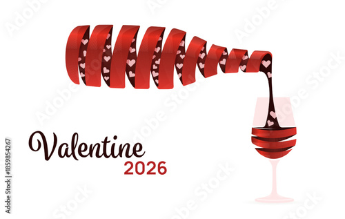 Abstract red ribbon shaped as wine bottle pouring hearts into a glass. Creative Valentine's Day celebration concept on white background.