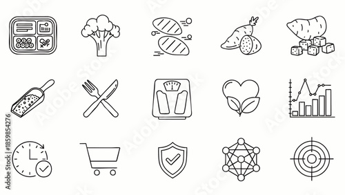 Healthy Lifestyle Icons: Diet, Nutrition, Fitness, and Wellness Symbols for Health and Wellbeing