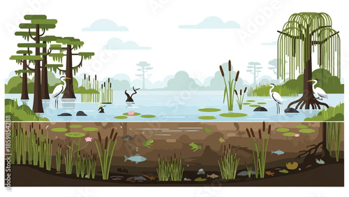 Wetland ecosystem cross-section illustration showing cypress, willow, egrets, lily pads, frogs, fish, and underwater plants, a balanced habitat.