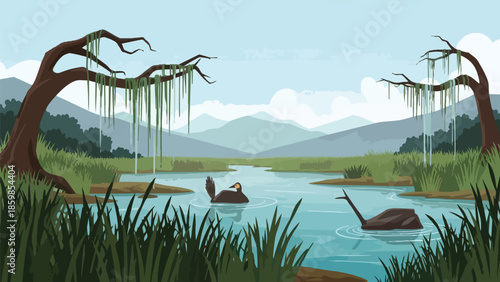 Peaceful wetland scene with ducks swimming among mossy trees and lush marsh plants. A tranquil natural habitat illustration showcasing serene waters