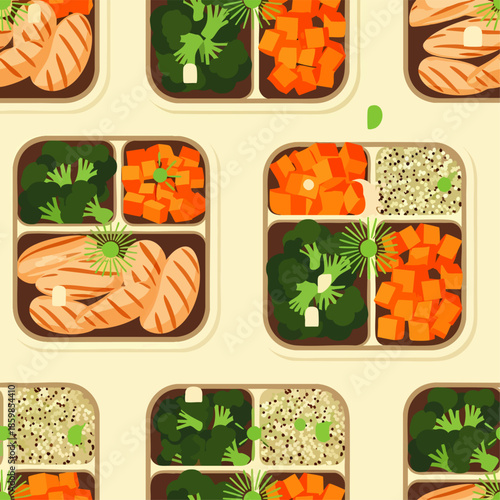 Seamless pattern of healthy meal prep containers featuring grilled chicken, broccoli, sweet potatoes, and quinoa, ideal for balanced diet and convenient eating.
