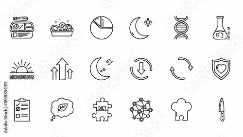 Comprehensive Health and Wellness Line Icon Set: Covering Diet, Nutrition, Sleep, Science, Fitness, and Balanced Lifestyle Concepts