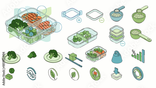 Isometric illustration of healthy meal prep, food storage, and sustainable eating concepts. Features bento boxes, fresh vegetables, and portion control.