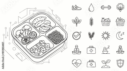 Healthy meal prep container with balanced food and a collection of wellness, fitness, and nutrition line icons. Concept of healthy living.