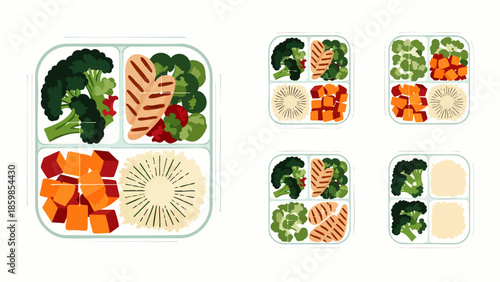 Healthy meal prep containers with balanced portions of grilled chicken, broccoli, sweet potato, and rice. Ideal for diet planning, nutrition, and portion control.