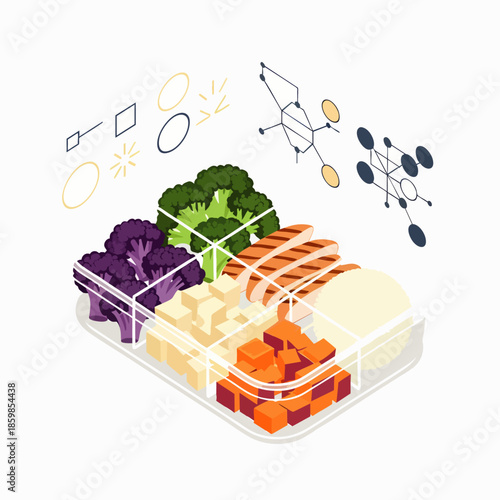 Isometric healthy meal prep container with grilled chicken, broccoli, and vegetables. Scientific data for balanced nutrition, diet analysis.