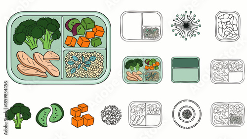 Healthy meal prep container with balanced diet illustration, featuring chicken, broccoli, sweet potato, and quinoa for nutritious lunchbox planning.