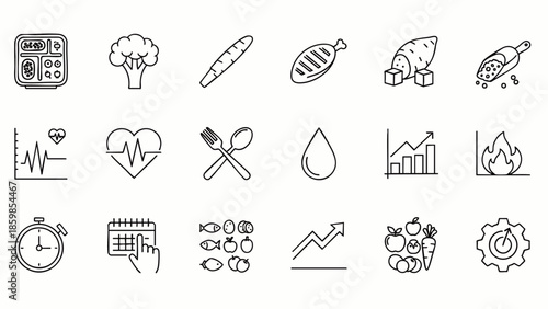 Healthy Food and Lifestyle Icons: Diet, Nutrition, Fitness, and Wellness Concepts