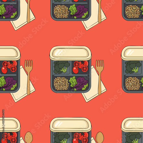 Seamless pattern of healthy lunch boxes filled with fresh food, vegetables, and grains, perfect for healthy eating and meal prep concepts.