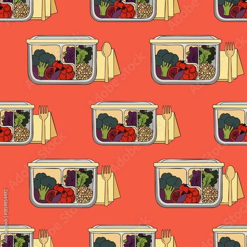 Seamless pattern of healthy lunch boxes filled with fresh vegetables, grains, and fruits, with cutlery and napkin.
