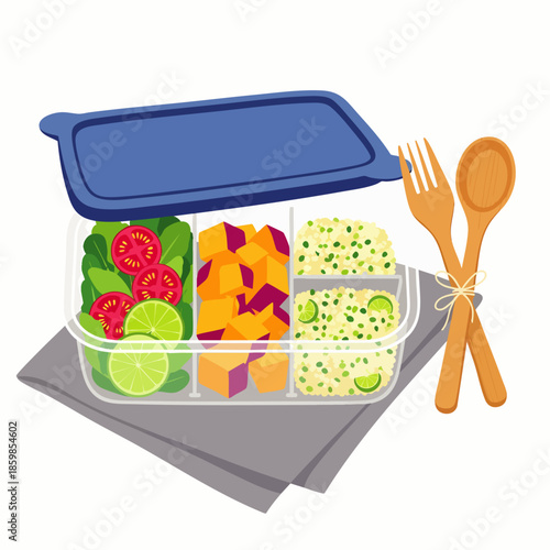 Healthy Homemade Lunch Box with Fresh Ingredients: Salad, Vegetables, and Grains, Ready for a Nutritious Meal