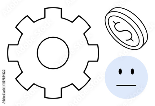 Business processes, economics, decision-making, emotional response, efficiency, financial systems. Gear, coin with dollar sign neutral face icon in minimalist illustration. Business processes