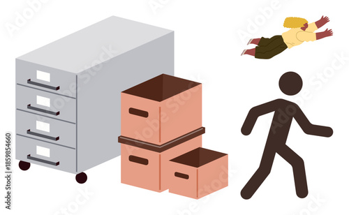 Filing cabinet, storage boxes, person walking, and diving individual visualize workplace storage, tasks, agility, and organization shifts. Ideal for productivity, management office work priorities