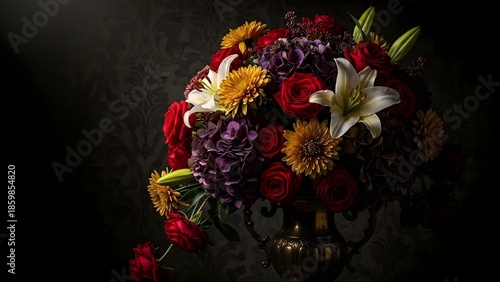 Vibrant bouquet of roses, lilies, and chrysanthemums in a dark elegant vase