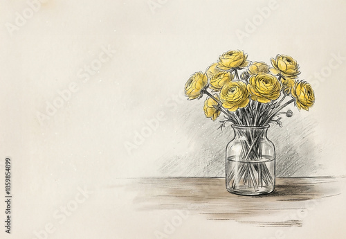Artistic pencil sketch of yellow ranunculus flowers in glass vase on beige paper background, hand-drawn botanical floral illustration for vintage or decorative design use