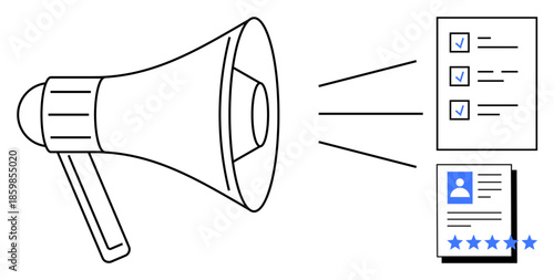 Megaphone emitting notifications toward a checklist and user profile with rating stars. Ideal for marketing, leadership, communication, feedback, productivity, task management, and user engagement