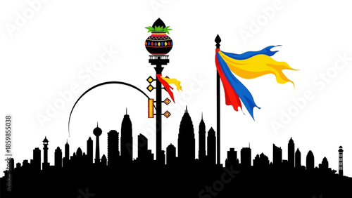 City skyline with flag and lamp post silhouette.