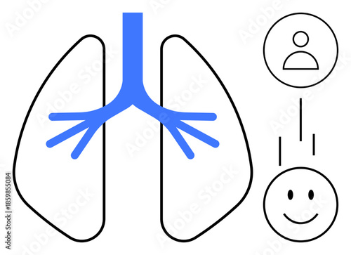 Respiratory system concept. Diagram of human lungs with blue bronchial tree and emotional connection symbols. Respiratory health tied to well-being. For healthcare, biology, mindfulness, education