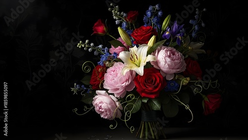 Vibrant bouquet of roses, lilies, peonies, and blue flowers in elegant vase on dark