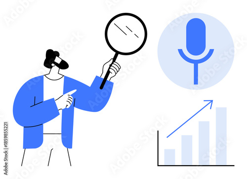 Voice recognition, technology research, data analysis, performance metrics, user experience, innovation tools. Person holding magnifying glass, microphone icon and growth chart. Voice recognition