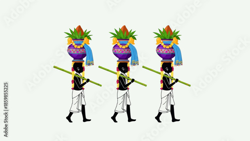 Three cartoon characters marching in unison with colorful masks and sticks.