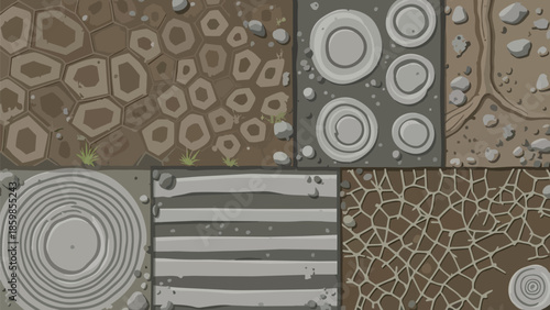 Diverse natural and artificial surface patterns showcasing various ground textures in a top-down isometric view ideal for game assets and abstract