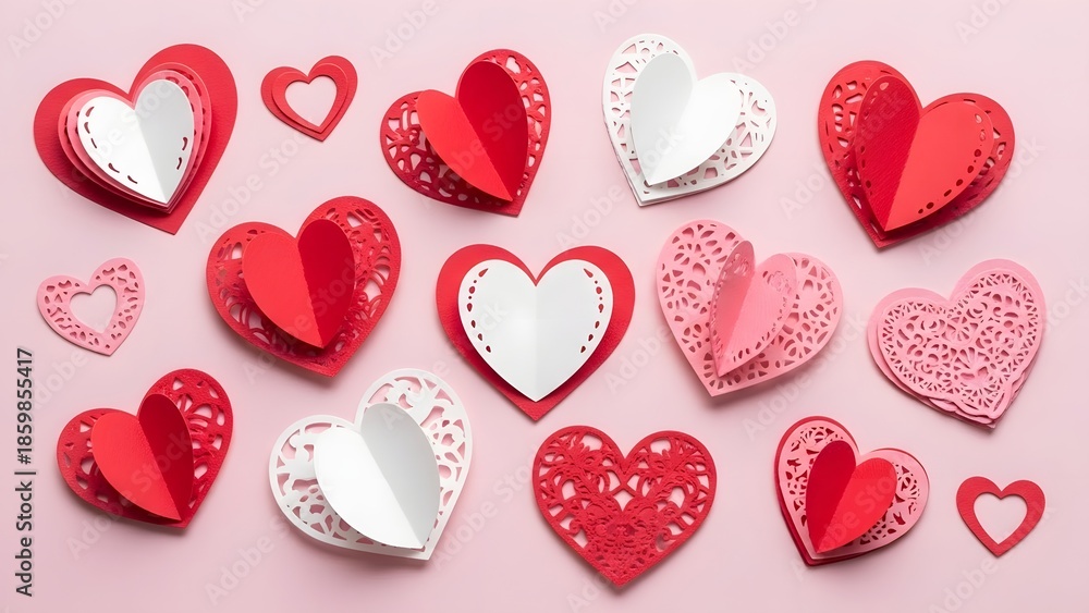 Fototapeta premium Red and white paper cutout hearts on pink background for valentine's day decoration