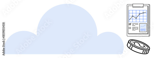 Cloud storage, digital finance, data analysis, technology trends, business strategy, remote access. A blue cloud shape, a data graph clipboard and a coin. Cloud storage and digital finance