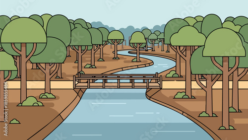 A Charming Stylized Woodland Scene Featuring a Serene River and a Rustic Wooden Bridge
