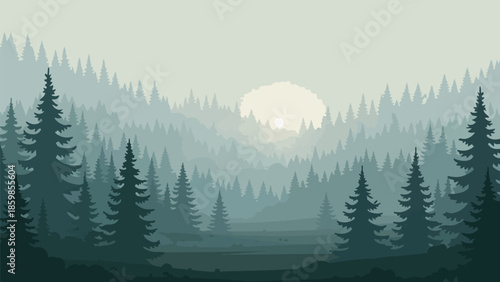 Serene forest expanse at dawn, a tranquil layered landscape of evergreen trees shrouded in atmospheric mist and soft sun, conveying peaceful