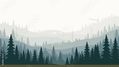 Misty forest landscape illustration with layered evergreen trees and distant hills