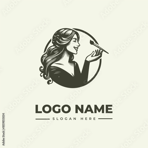 A minimalist logo design featuring a woman applying makeup with a brush, set in a circular frame with a placeholder text for the logo name and slogan on a solid beige background.