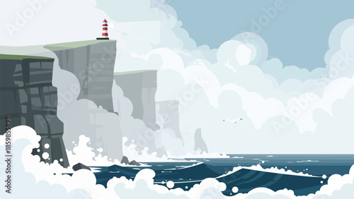 Vector illustration of a serene coastal landscape featuring a prominent lighthouse atop rugged cliffs, with dynamic ocean waves crashing below under