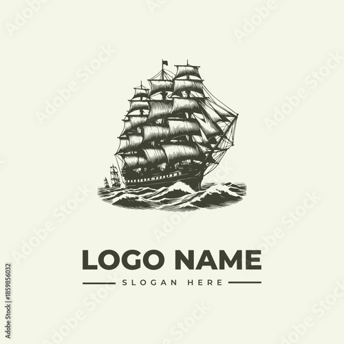 A detailed vintage-style illustration of a sailing ship with multiple masts on waves, accompanied by a logo and slogan placeholder in a simple, monochromatic design on a beige background.