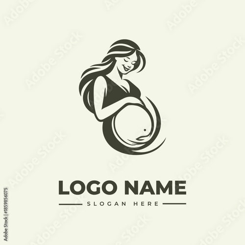 A minimalist illustration of a pregnant woman with long hair cradling her belly, accompanied by a logo and slogan on a clean white background.