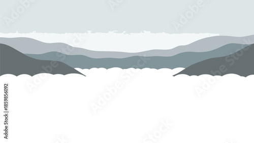 Layers of serene monochrome mountains emerge from a pristine, ethereal cloud sea, an abstract vista of quiet calm and natural majesty unfolding