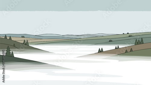 A calming minimalist illustration depicting layers of misty valleys and rolling hills, dotted with evergreen trees under a serene, tranquil, ambient