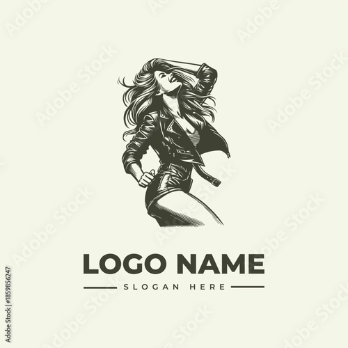 A dynamic illustration of a woman with flowing hair in a leather jacket and shorts, posing with one hand on her hip and the other on her head, set against a clean white background with a