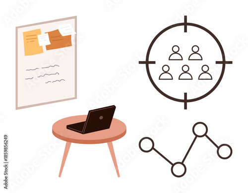 Laptop on table, connected nodes graph, target audience icon, and notice board with notes. Ideal for strategy, planning, collaboration, goals marketing organization analytics. Simple flat metaphor