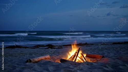 Campfire Burning on the Beach at Night with Gentle Waves Washing Ashore Under a Starry Sky. Seamless looping 4k video background