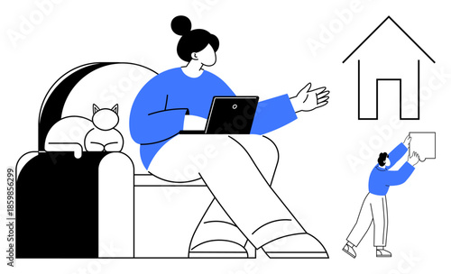 Remote work concept. Remote work and balancing family responsibilities at home. Remote work with technology enabling productivity and comfort. Lifestyle, family, work-life balance, technology